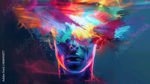 Head with bursting light and colors, innovative ideas,