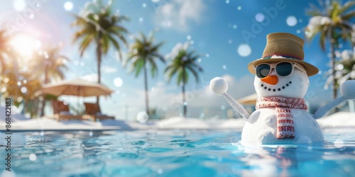 Winter is usually serene, but this snowman showcases a tropical twist, creating a sharp contrast with the snowy surroundings. Its a fun and surprising getaway to a sunny and festive paradise