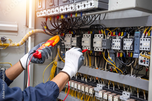 Electricity and electrical maintenance service, Engineer hand holding AC voltmeter checking electric current voltage at circuit breaker terminal and cable . 
