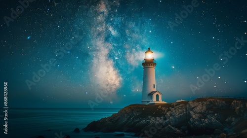 Luminous lighthouse guiding under starry night sky. The beam of light illuminates the serene ocean horizon while stars and the Milky Way shine above.