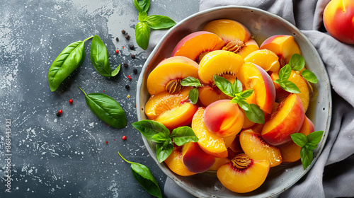 top view flat lay fresh sweet group of sliced palisade peaches on bowl with herbs on concreate table with copy space.