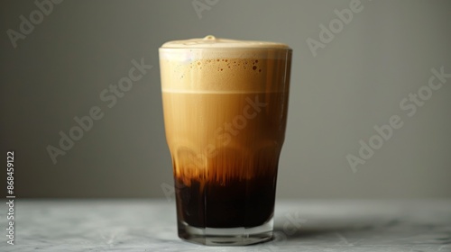 Product photo of nitro cold brew coffee, on slate surface, isolated on dark background. studio lighting. 