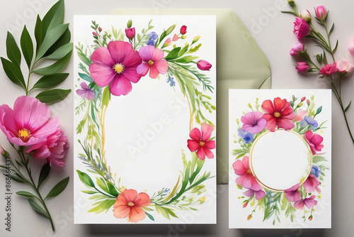 A blank wedding invitation adorned with a watercolor floral frame