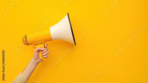 Hand holding megaphone, marketing and sales, yellow background hand megaphone marketing sale concept orange background communication advertising promotion announcement loudspeaker