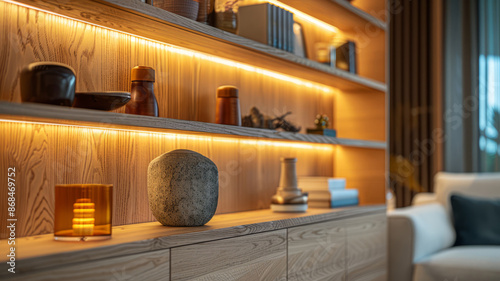 Wooden shelf with illuminated decor and books in modern living room.