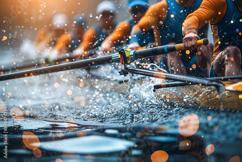 Rowing team at a rowing competition, athletes focused on sculling, team effort and training on water.