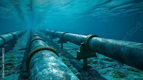 Underwater natural gas or oil pipelines with a valve on seabed shone by light rays. 3D illustration