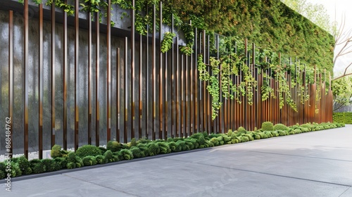 Screen wall that incorporates vertical metal rods, creating a modern, minimalist privacy fence