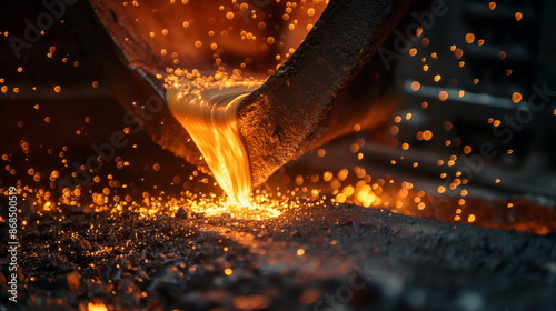 A close-up view of molten metal being poured during a steel mill operation. The glowing, red-hot liquid flows from a large vessel, creating a shower of sparks as it meets the cool surface below