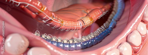 Detailed 3D illustration of a human mouth showing dental braces, gums, and teeth, highlighting orthodontic treatment and oral anatomy.