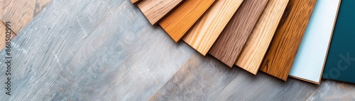 Assorted wood and laminate flooring samples arranged on a gray surface, showcasing various textures and colors for interior design choices.