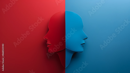 Silhouettes of two faces in profile, divided by contrasting red and blue backgrounds, symbolizing duality or contrast.