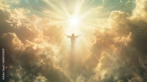 transcendent scene of jesus parting heavenly clouds divine light streaming down arms outstretched receiving celestial blessings ethereal atmosphere conveying spiritual awakening