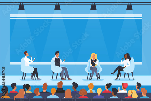 A panel of speakers engaging in a discussion on stage at a conference, with an audience seated in front, emphasizing professional dialogue and exchange of ideas vector illustration.