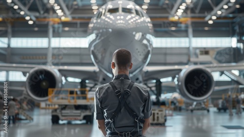 aircraft maintenance worker standing in front of the wide-body aircraft in the hangar