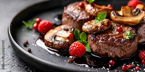 Closeup of cooked venison tenderloin steak with mushrooms and berries. Concept Food Photography, Venison Steak, Closeup Shots, Culinary Presentation, Gourmet Meal