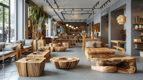 designer furniture store with unique wooden pieces and a modern layout