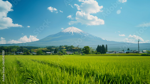 夏の富士山と田んぼ