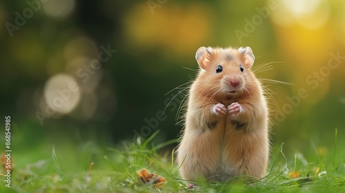 A small brown hamster is standing on a green grassy field. The hamster is looking at the camera with a curious expression