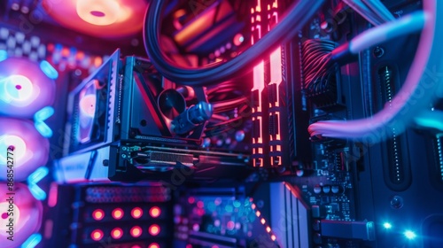 Close-up of high-performance computer hardware with RGB lighting. Technology and gaming concept.