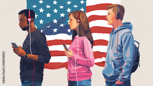 Three students against the backdrop of the American flag are looking at the phone, wearing headphones. Concept of youth and choice, education, indifference