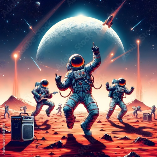 an astronaut dance party on the surface of mars, digital illustration