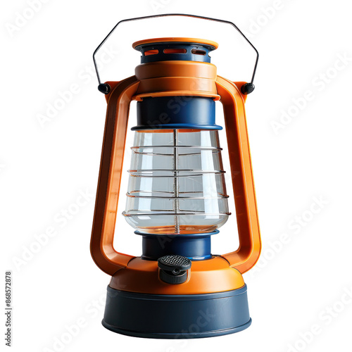 Vintage orange camping lantern isolated on white background. Perfect for outdoor adventure and rustic decor themes.