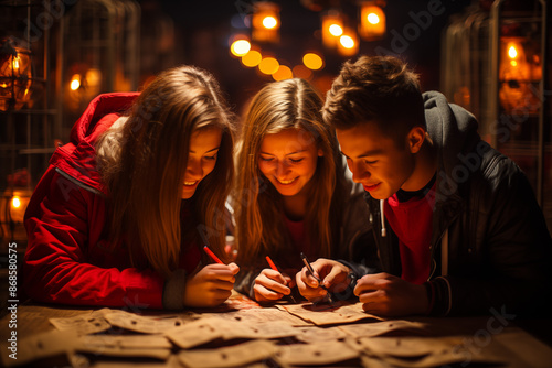 A Halloween-themed escape room with participants trying to solve puzzles amidst creepy decor and hidden surprises