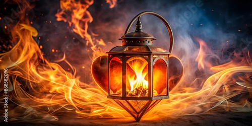 Vibrant flames engulf a heart-shaped lantern, radiating warmth and intensity, symbolizing passionate love and fiery devotion in a dark, moody, romantic atmosphere.