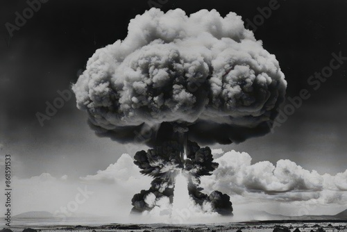massive mushroom cloud from tsar bomba nuclear explosion historic black and white photo