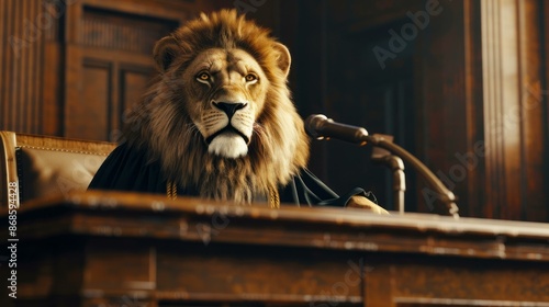 Lion judge in courtroom. A majestic lion presides over a courtroom, symbolizing justice, power, and authority.