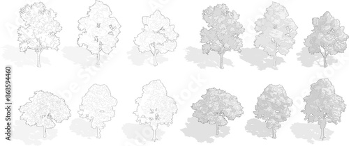 axonometric tree, isometric set of trees, cut out, cad