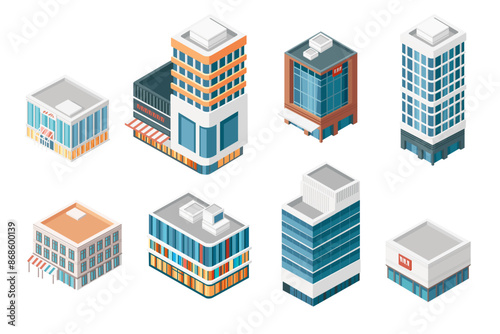 Isometric style modern building collection for urban environment vector illustration isolated on white background