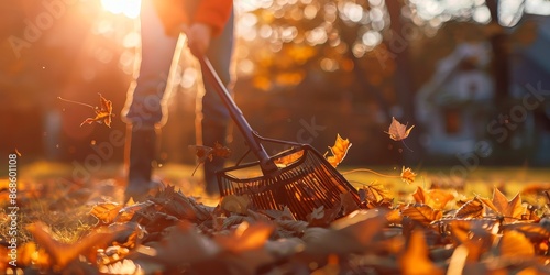 Close-up of autumn fallen leaves being removed by a man with a rake on an autumn day