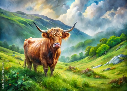 Vibrant watercolor illustration of a majestic highlander cow amidst lush green Scottish hills, featuring subtle brushstrokes and dreamy, ethereal atmosphere.