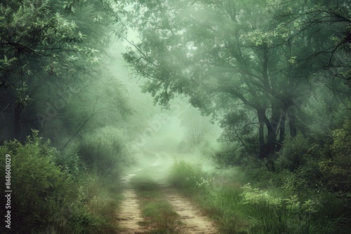 Whimsical Background. Mystical Forest Road in Green Fantasy Landscape