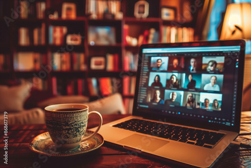 professional engaging in a video conference call from their home office. The background includes a tidy desk with a laptop, bookshelves, and a cup of coffee, highlighting the blend