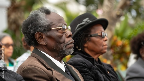 A solemn ceremony at a historical monument commemorating the victims of the slave trade, with wreaths, speeches, and a moment of silence. The setting is dignified and respectful, honoring the memory