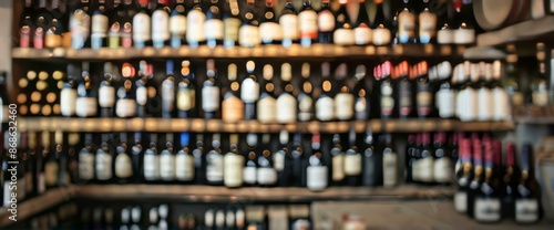 Blurred wine shop shelves background. Defocused image of wine bottles on shelves in a liquor store, ideal background for beverage industry themes.