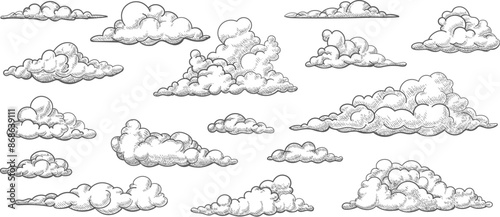 Hand drawn monochrome cartoon clouds