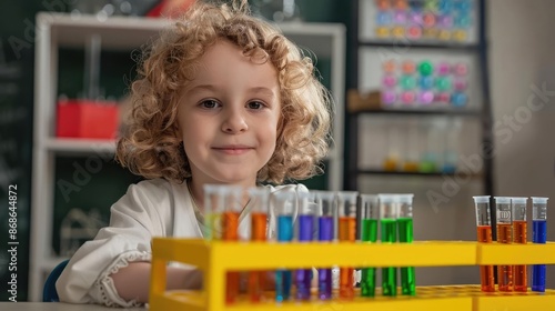 Child in a science lab with test tubes and a periodic table in the background, child scientist, educational environment