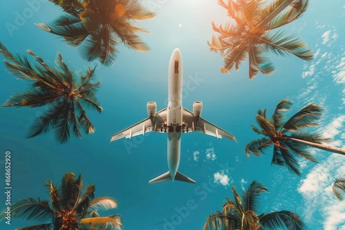 A stunning view of a passenger jet soaring high above lofty palm trees, bathed in sunlight against a bright blue sky, capturing the essence of travel and discovery.