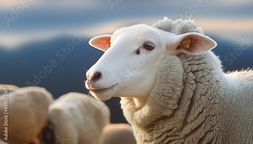 close up side view portrait of a sheep farm animal