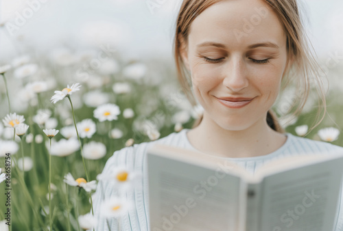 Lächelnde Frau liest ein Buch in einem Blumenfeld, Konzept für Lesen, Entspannung und Natur