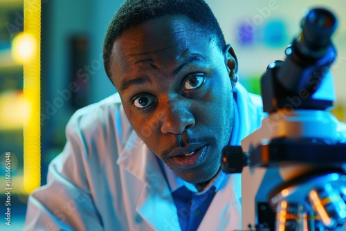 A scientist in a lab coat looking through a microscope with a look of excitement on their face.