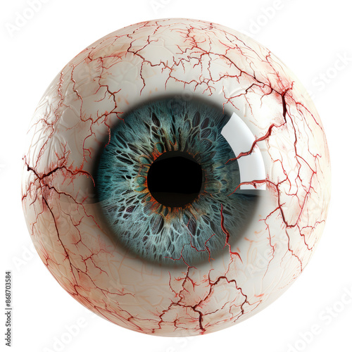 Detailed close-up of a human eyeball with intricate veins and a blue iris, isolated on a white background.