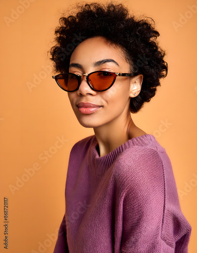 Italienerin, latina, frau, trägt, lila, pullover, mit, sonnebrille, model, infront, on, a, solid, orange, hintergrund, stdio, aufnahme, herbstlich, oktober, posing, pose, schönheit, braun, isoliert