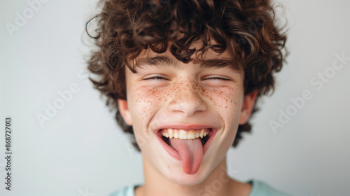 Teenage boy with a mischievous expression, sticking his tongue out and winking at the camera. 