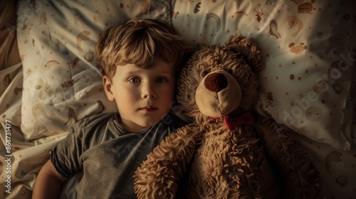 An overhead view of a young boy lying in bed at night, embracing a large teddy bear