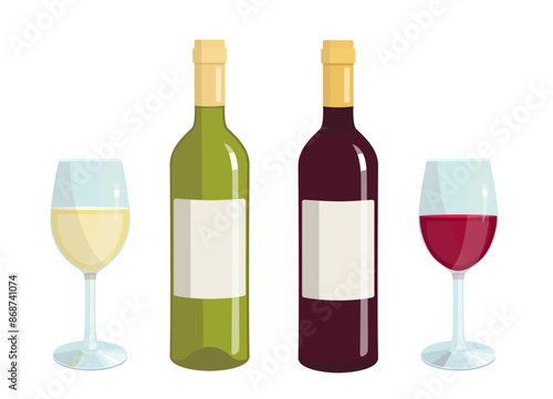 Vector set of red and white wine, illustration of glass and bottle with red wine, alcoholic white drink in flat style for poster, bar menu print design